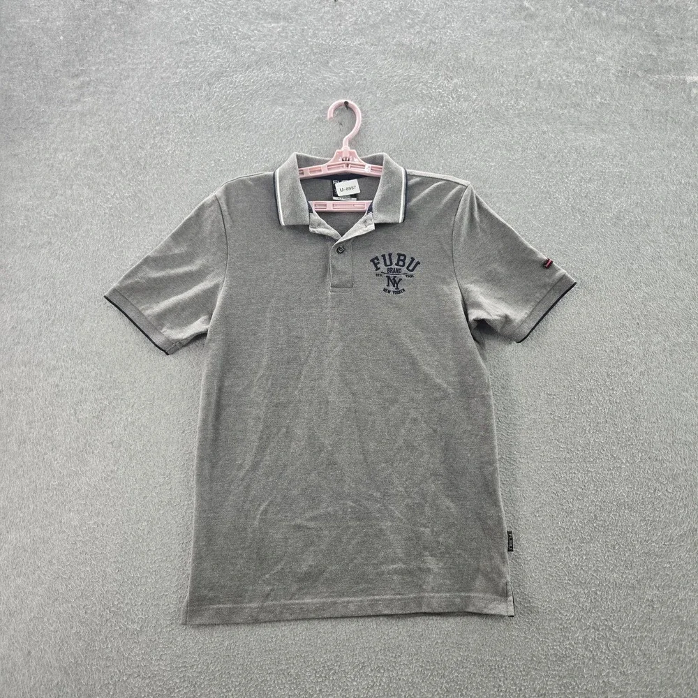FUBU Men Polo L Gray Logo Embroidered‎ Y2K  Short Sleeve